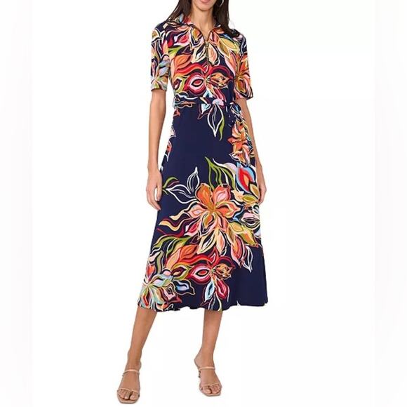 MSK Women's Floral Printed Short-Sleeve Tie-Waist Jersey Dress Sz M - Picture 1 of 9